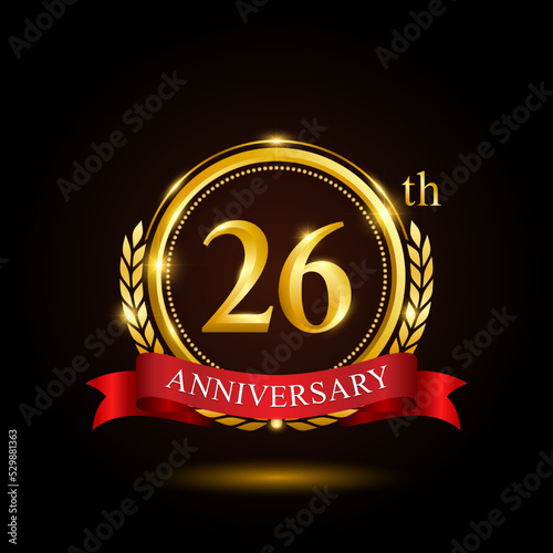 26th golden anniversary template design, with shiny ring and red ribbon, laurel wreath isolated on black background, logo vector