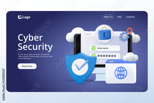 Virtual Cybersecurity Landing Page Template. Computer Privacy, Data Protection in Internet, Cyber security Huge Desktop with Shield and Lock on Screen. 3D render Cartoon Vector Illustration.