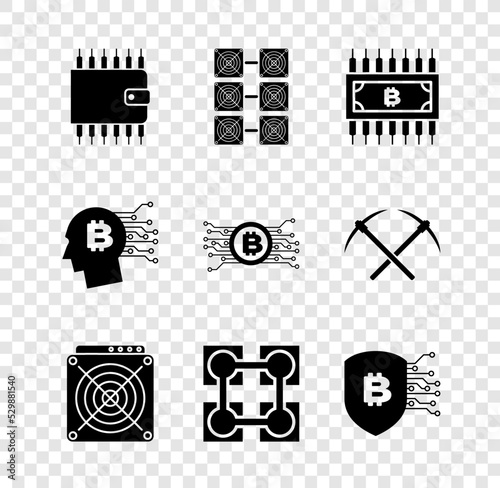 Set Cryptocurrency wallet, Mining farm, bitcoin with circuit, ASIC Miner, Blockchain technology and Shield icon. Vector