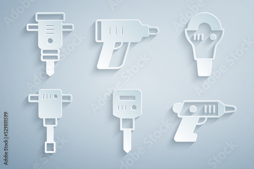 Set Construction jackhammer, Angle grinder, Electric cordless screwdriver, and icon. Vector