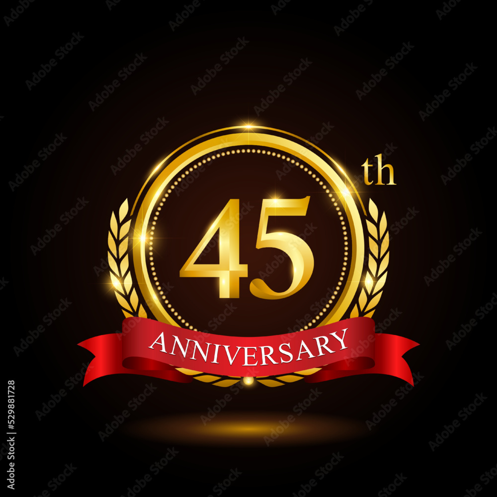 45th golden anniversary template design, with shiny ring and red ribbon, laurel wreath isolated on black background, logo vector 45th golden anniversary template design, with shiny ring and red ribbon, laurel wreath isolated on black background, logo vector