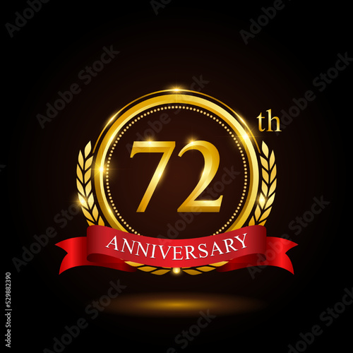 72th golden anniversary template design, with shiny ring and red ribbon, laurel wreath isolated on black background, logo vector photo