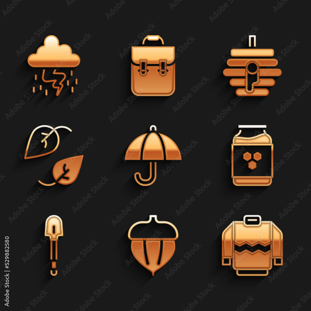 Set Umbrella, Acorn, Sweater, Jar of honey, Shovel, Leaf, Hive for bees and Storm icon. Vector Set Umbrella, Acorn, Sweater, Jar of honey, Shovel, Leaf, Hive for bees and Storm icon. Vector