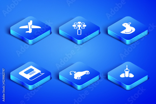Set Dart arrow, Toy plane, Radio controlled car toy, Book, Rattle baby and Rubber duck icon. Vector