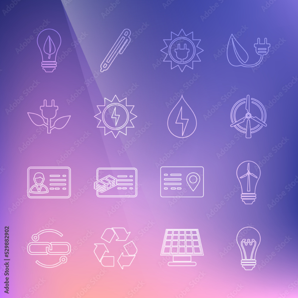 Set line Light bulb, with wind turbine, Rotating, Solar energy panel, Electric saving plug leaf, and Water icon. Vector Set line Light bulb, with wind turbine, Rotating, Solar energy panel, Electric saving plug leaf, and Water icon. Vector