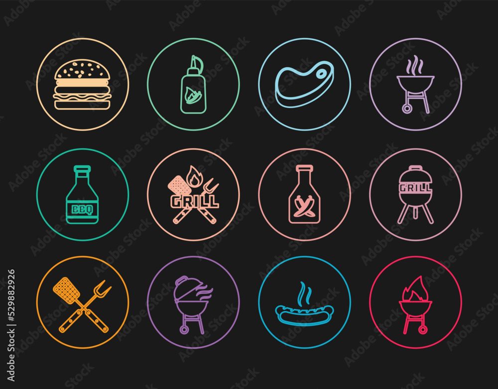 Set line Barbecue grill, Steak meat, Crossed fork and spatula, Ketchup bottle, Burger, and icon. Vector Set line Barbecue grill, Steak meat, Crossed fork and spatula, Ketchup bottle, Burger, and icon. Vector