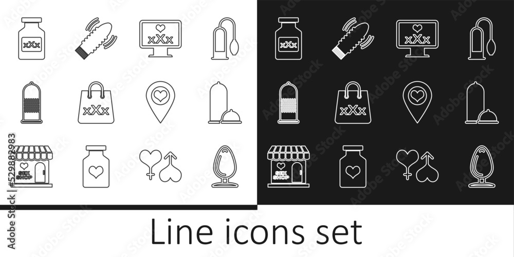 Set line Anal plug, Condoms safe sex, Monitor with 18 plus content, Shopping bag triple X, Bottle pills for potency, Location heart and Dildo vibrator games icon. Vector