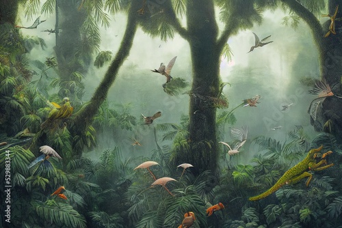 A rainforest with birds and lizards illustration. Generative AI photo