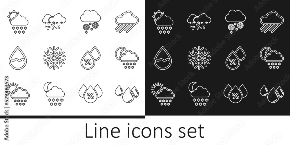 Set line Water drop, Cloud with snow and moon, Snowflake, sun, percentage and icon. Vector