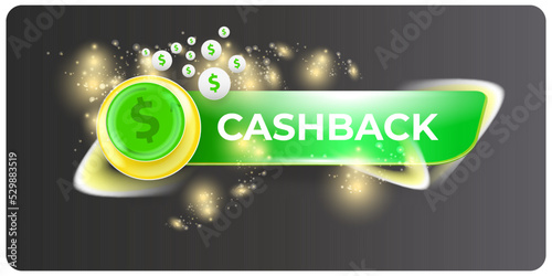 vector money cash back horizontal banner design template with cash back icon and coins isolated on modern grey background. 3d cashback bonus or money refund label horizontal banner