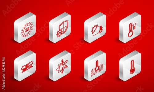 Set line Meteorology thermometer, UV protection, Thermometer and cloud, sun, Water, Sun snowflake and Rainbow with clouds icon. Vector