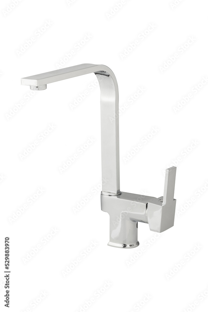Mixer cold hot water. Modern faucet bathroom. Kitchen tap. Isolated white background. Side view. Mixer cold hot water. Modern faucet bathroom. Kitchen tap. Isolated white background. Side view.