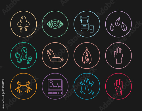 Set line Hand with psoriasis or eczema, Can container for milk, Inhaler, Peanut, Runny nose, Kidney beans and Reddish eye allergic conjunctivitis icon. Vector