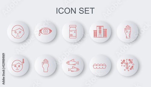 Set line Bacteria, Medicine bottle and pills, Chicken egg box, Inflammation on face, Reddish eye allergic conjunctivitis, Hand with psoriasis or eczema and Fish icon. Vector