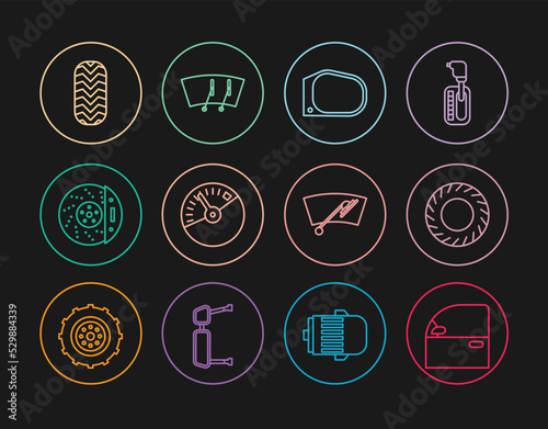 Set line Car door, tire, mirror, Speedometer, brake disk with caliper, Windscreen wiper and icon. Vector