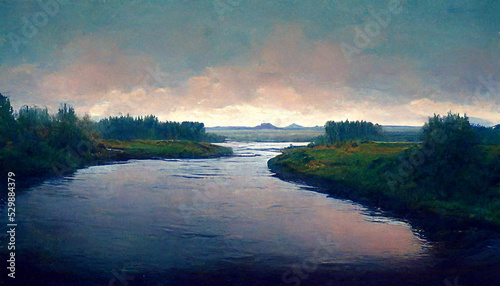 River mountain field countryside cloudy sky painting