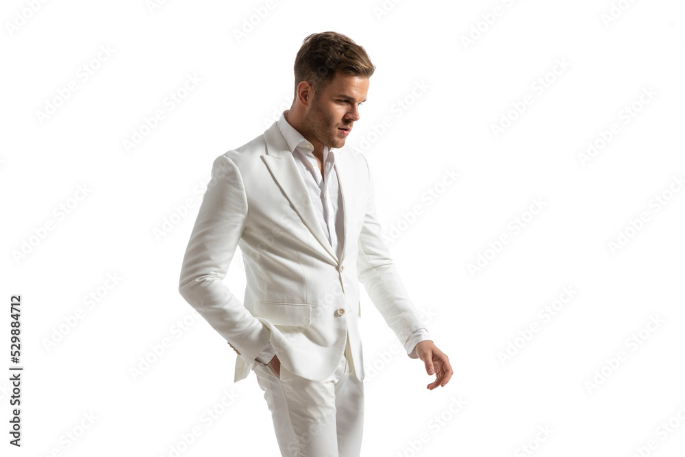 portrait of happy elegant man in white suit holding hand in pocket portrait of happy elegant man in white suit holding hand in pocket