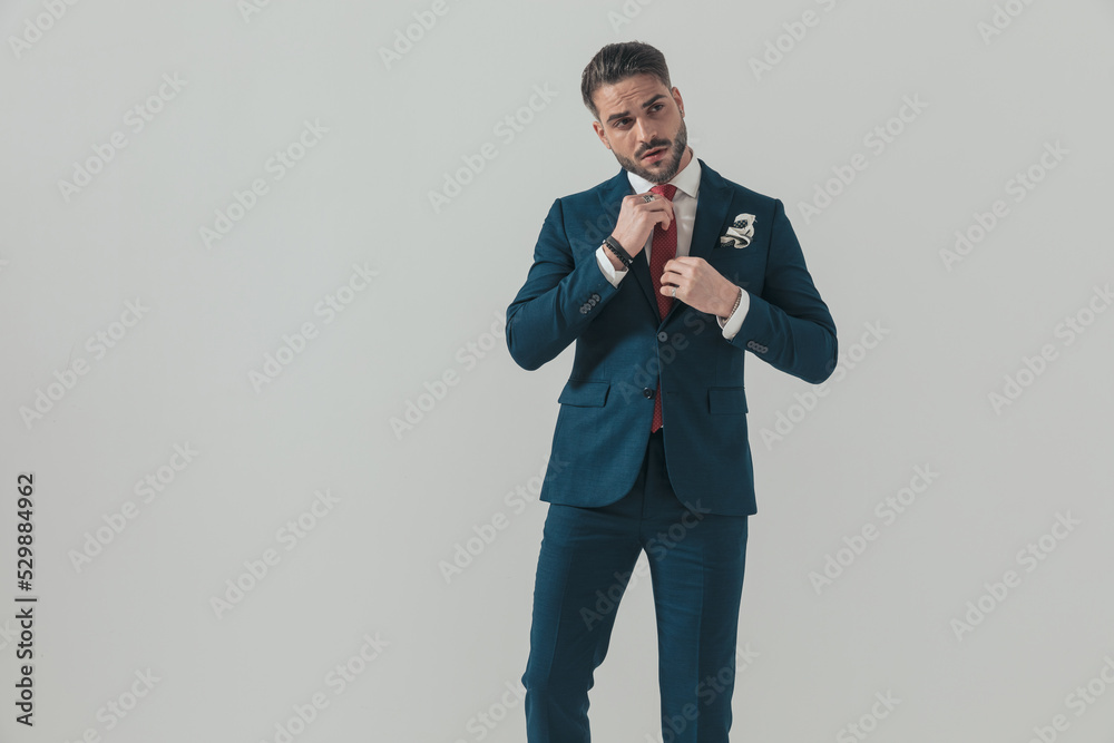 bearded businessman in elegant suit looking away and adjusting tie bearded businessman in elegant suit looking away and adjusting tie