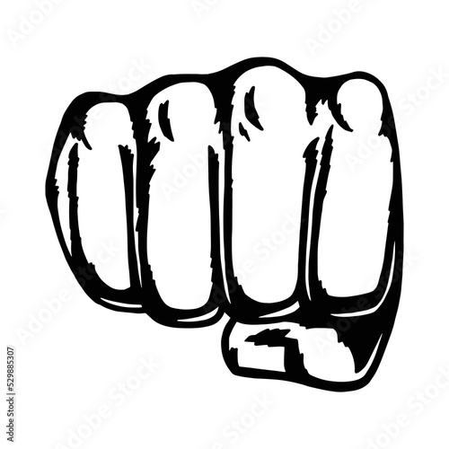 Punching fist, human hand. Boxing sport related graphic element. Hand drawn vector illustration isolated on a white background. 