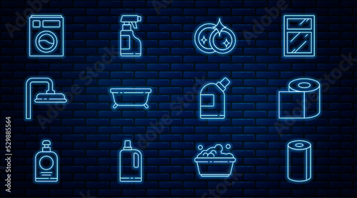 Set line Paper towel roll, Toilet paper, Washing dishes, Bathtub, Shower head, Washer, Bottles for cleaning agent and Spray bottle with detergent liquid icon. Vector
