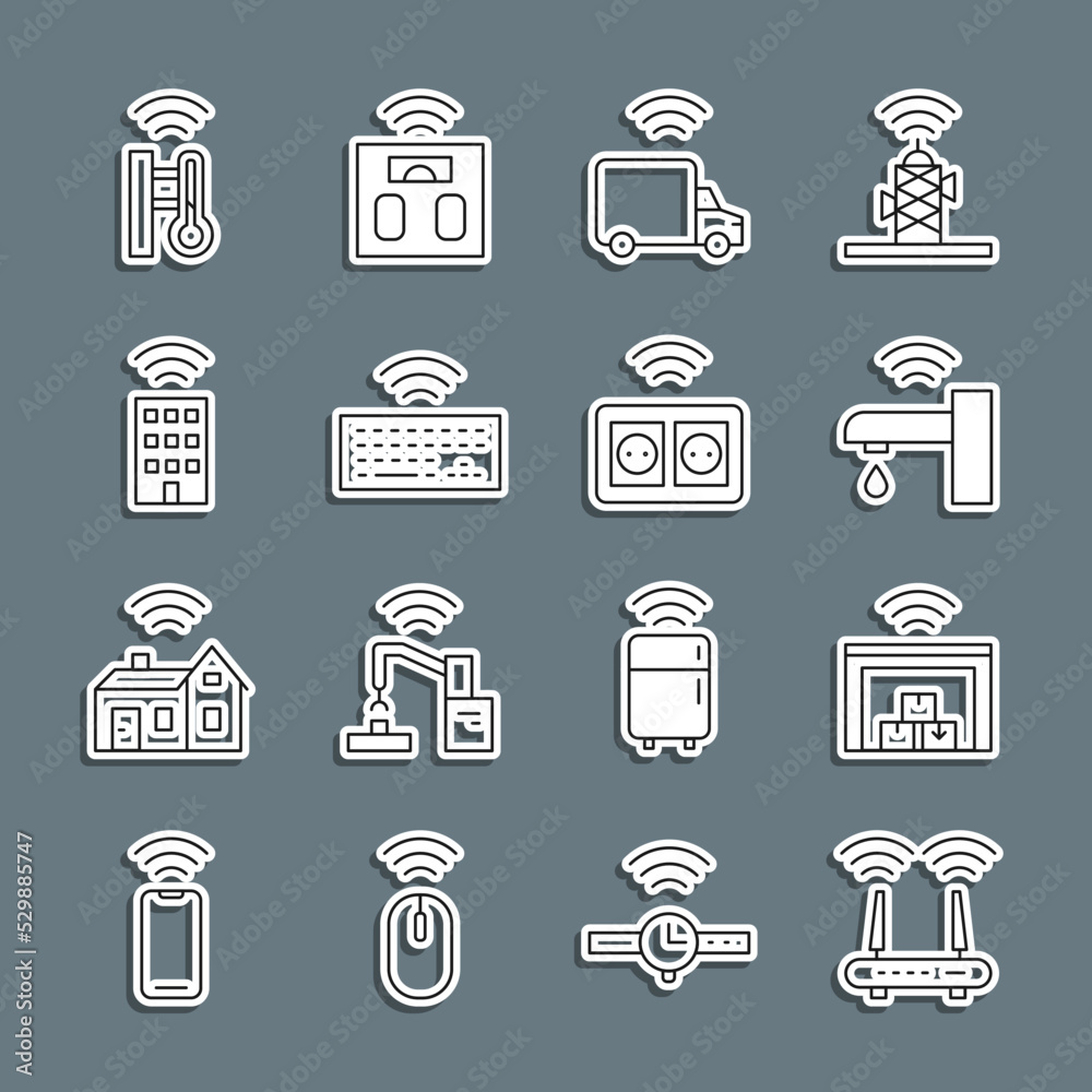 Set line Router and wi-fi signal, Smart warehouse, water tap, truck, Wireless keyboard, home with wireless, thermometer and electrical outlet icon. Vector Set line Router and wi-fi signal, Smart warehouse, water tap, truck, Wireless keyboard, home with wireless, thermometer and electrical outlet icon. Vector