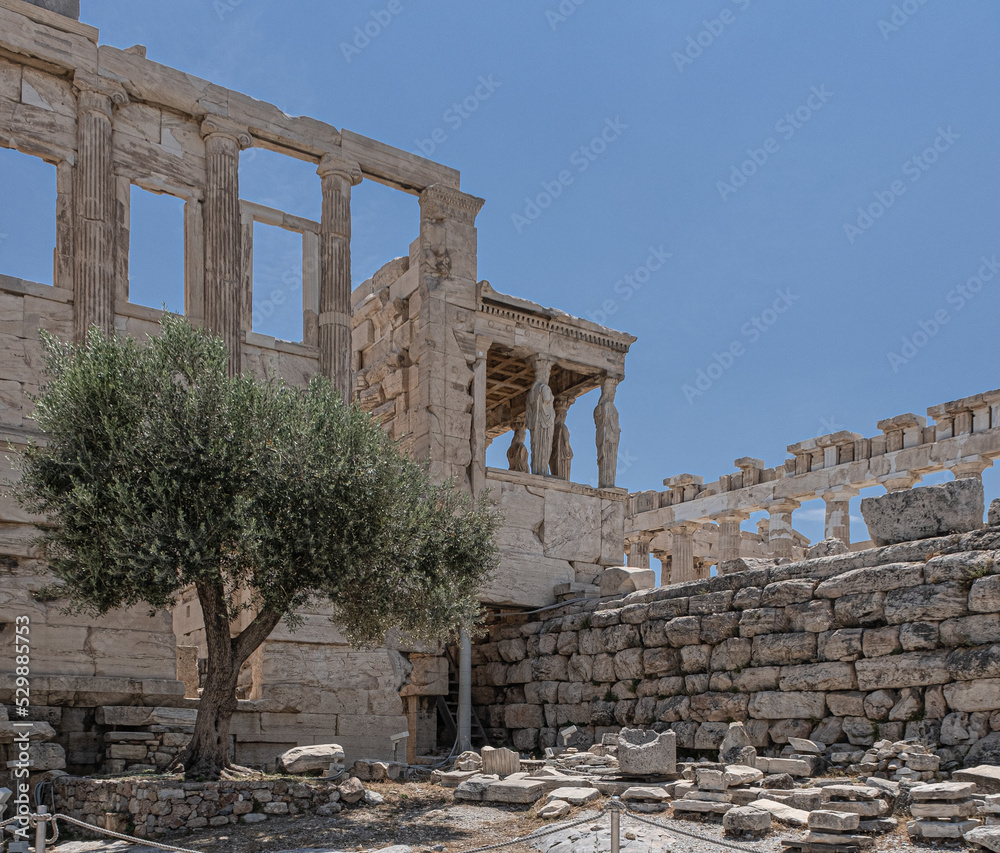 Erechtheum, the Temple of Athena Polios, an ancient Greek Ionic temple on Acropolis of Athens, dedicated to the goddess Athena, Athens, Greece