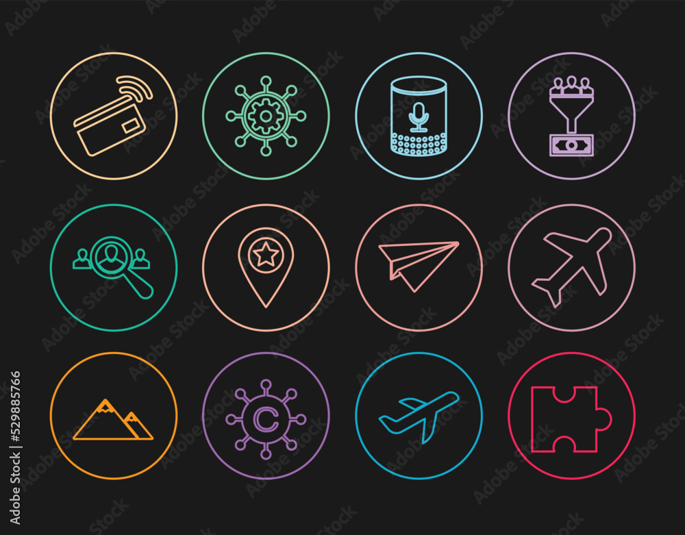 Set line Piece of puzzle, Plane, Voice assistant, Location with star, Magnifying glass for search people, Contactless payment, Paper plane and Project management icon. Vector Set line Piece of puzzle, Plane, Voice assistant, Location with star, Magnifying glass for search people, Contactless payment, Paper plane and Project management icon. Vector
