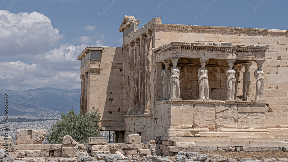 Erechtheum, the Temple of Athena Polios, an ancient Greek Ionic temple on Acropolis of Athens, dedicated to the goddess Athena, Athens, Greece