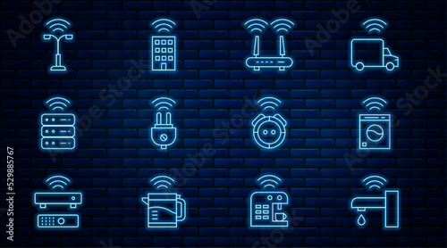 Set line Smart water tap, washer, Router and wi-fi signal, electric plug, server, street light, Robot vacuum cleaner and home with wireless icon. Vector
