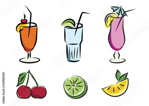 Sketch image of a set of cocktails, mojito, pina colada, daiquiri, bloody mery, with and without alcohol, as well as berries and fruits, cherries, limes, lemons
