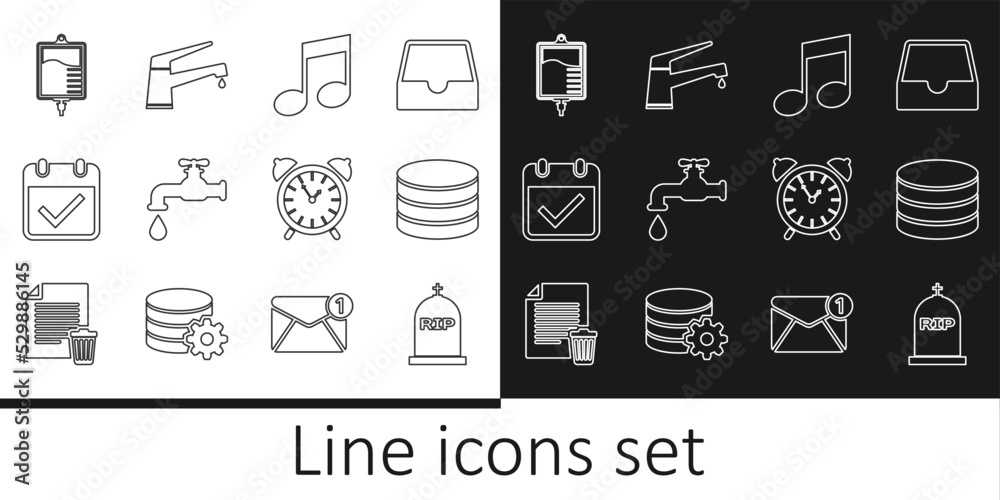 Set line Tombstone with RIP written, Database, Music note,, Water tap, Calendar check mark, IV bag, Alarm clock and icon. Vector