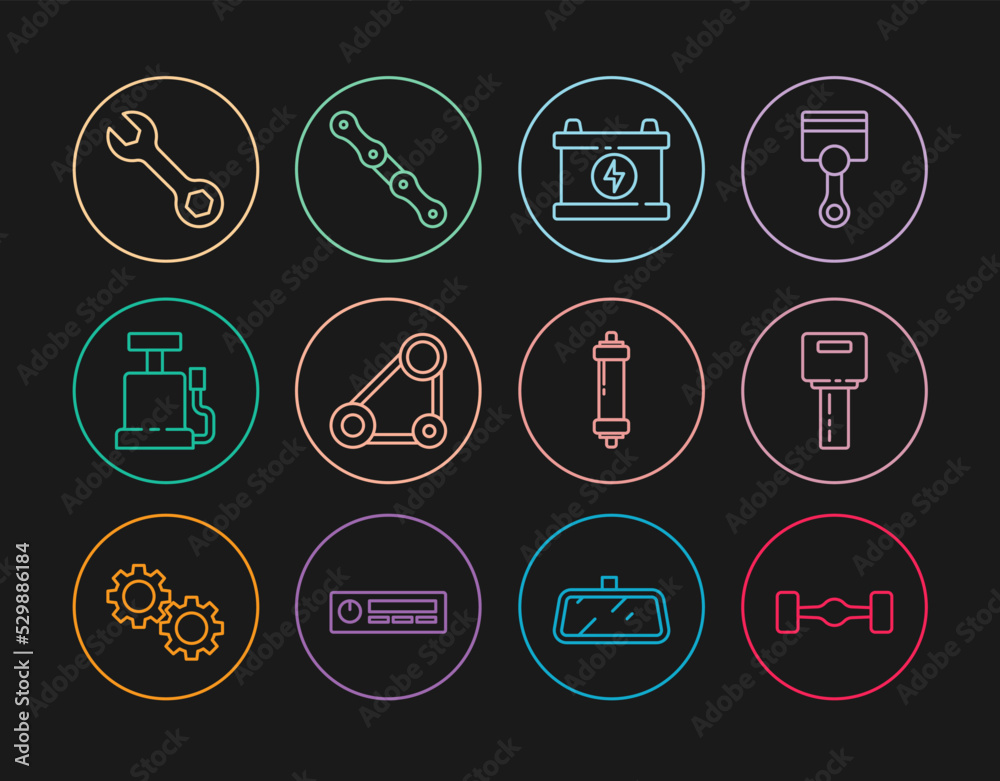 Set line Chassis car, Car key with remote, battery, Timing belt kit, air pump, Wrench spanner, Shock absorber and chain icon. Vector Set line Chassis car, Car key with remote, battery, Timing belt kit, air pump, Wrench spanner, Shock absorber and chain icon. Vector