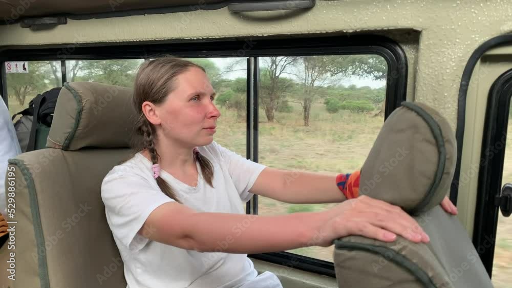A tourist girl drives a safari car and looks out the window at the African savannah. A tourist woman looks out the window of an SUV during a safari. A tourist girl drives a safari car and looks out the window at the African savannah. A tourist woman looks out the window of an SUV during a safari.