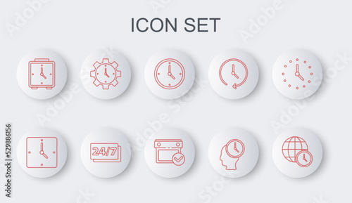 Set line World time, Clock, Time Management, Alarm clock, 24 hours and Calendar with check mark icon. Vector