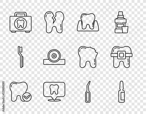 Set line Tooth whitening concept, Painkiller tablet, Dental clinic location, First aid kit, Otolaryngological head reflector, explorer scaler and Teeth with braces icon. Vector