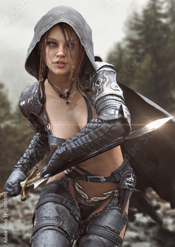 Obraz na płótnie Fantasy female hooded warrior ranger locked into battle ready to counter attack her opponent