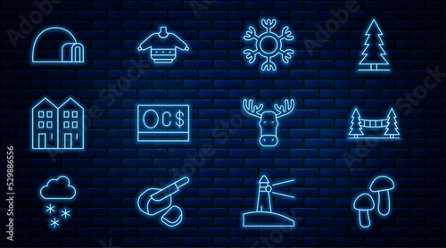 Set line Mushroom, Capilano Suspension Bridge, Snowflake, Canadian dollar, House, Igloo ice house, Moose head with horns and Christmas sweater icon. Vector