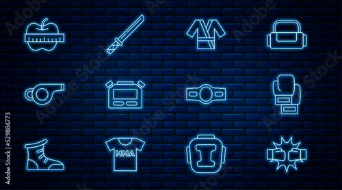 Set line Punch in boxing gloves, Boxing, Japanese costume Kimono, Stopwatch, Whistle, Apple and measuring tape, belt and katana icon. Vector
