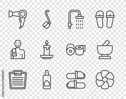 Set line Bathroom scales, Flower, Shower, Spray can for hairspray, Hair dryer, Aroma candle, Sauna slippers and Mortar pestle icon. Vector