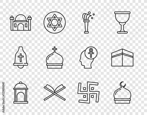 Set line Muslim Mosque, Aspergillum, Holy book of Koran, Church tower, Hindu swastika and Kaaba mosque icon. Vector