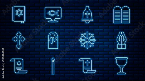 Set line Holy grail or chalice, Hands in praying position, Church bell, Easter cake, Christian cross, Jewish torah book, Dharma wheel and fish icon. Vector