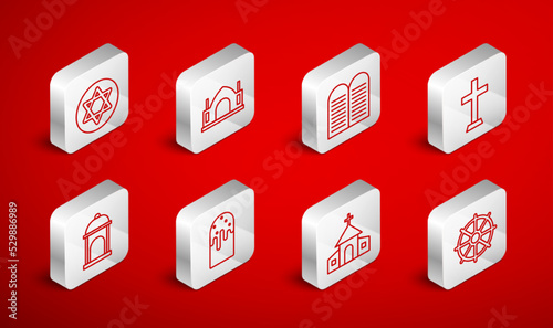 Set line Dharma wheel, Hindu spiritual temple, The commandments, Christian cross, Church building, Star of David, Easter cake and Muslim Mosque icon. Vector