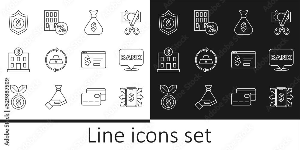 Set line Smartphone with dollar, Bank building, Money bag, Gold bars, Shield, Online banking and House percant discount icon. Vector