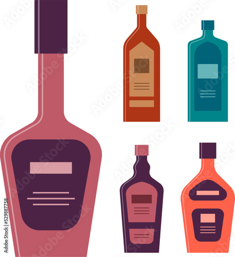Set bottles of liquor brandy vodka balsam rum. Icon bottle with cap and label. Graphic design for any purposes. Flat style. Color form. Party drink concept. Simple image shape