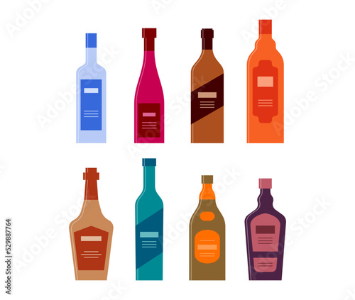 Set bottles of vodka wine rum balsam whiskey gin brandy liquor. Icon bottle with cap and label. Graphic design for any purposes. Flat style. Color form. Party drink concept. Simple image shape