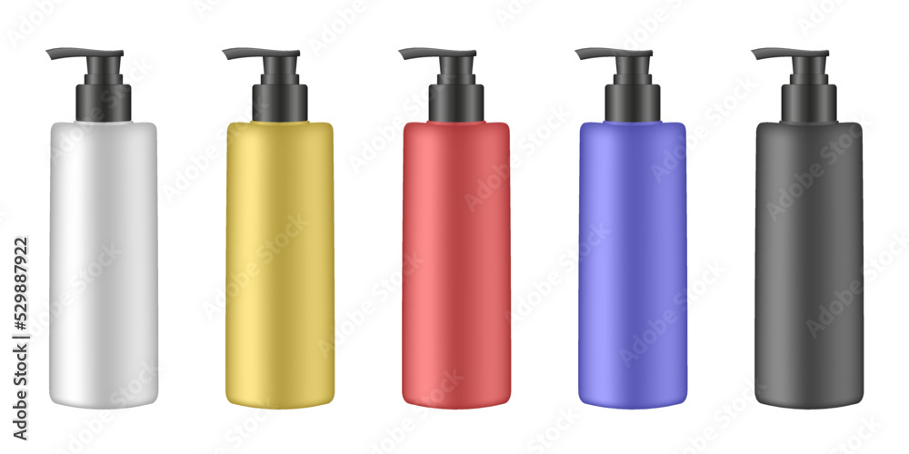 Set of cosmetic bottles with pump. Dispenser. White, gold, red, blue and black containers. Liquid soap or shampoo. Set of cosmetic bottles with pump. Dispenser. White, gold, red, blue and black containers. Liquid soap or shampoo.
