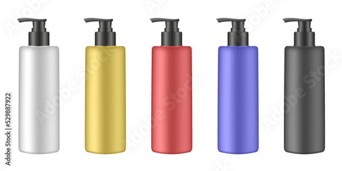 Set of cosmetic bottles with pump. Dispenser. White, gold, red, blue and black containers. Liquid soap or shampoo.