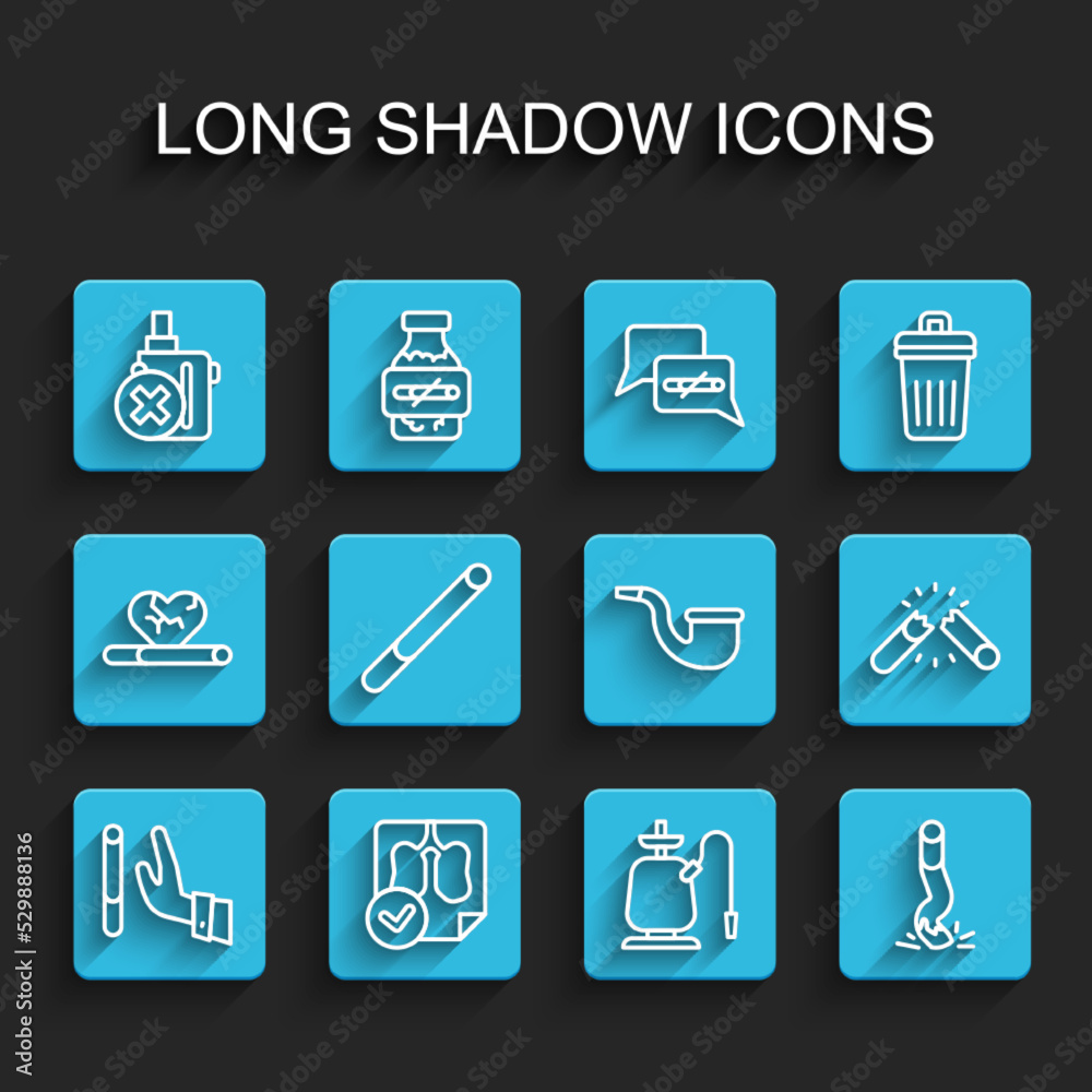 Set line Giving up cigarette, Lungs x-ray diagnostics, No electronic, Hookah, Cigarette butt, Broken and pipe smoking icon. Vector Set line Giving up cigarette, Lungs x-ray diagnostics, No electronic, Hookah, Cigarette butt, Broken and pipe smoking icon. Vector