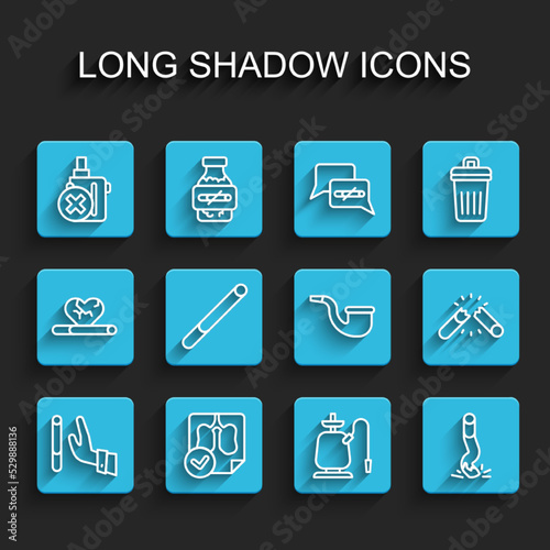 Set line Giving up cigarette, Lungs x-ray diagnostics, No electronic, Hookah, Cigarette butt, Broken and pipe smoking icon. Vector