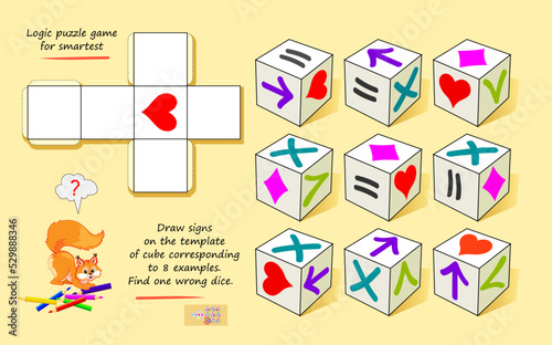 Logic game for smartest. Draw signs on the template of cube corresponding to 8 examples. Find one wrong dice. 3D puzzle. Play online. Developing spatial thinking. Page for brain teaser book. IQ test.
